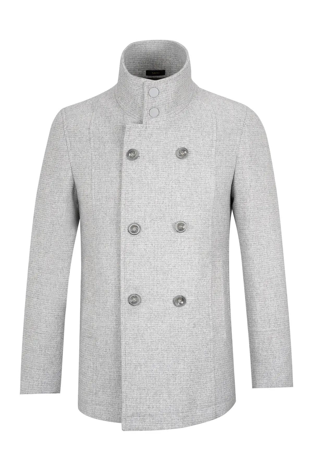 Gri Slim Fit Kruvaze Yünlü Kaban