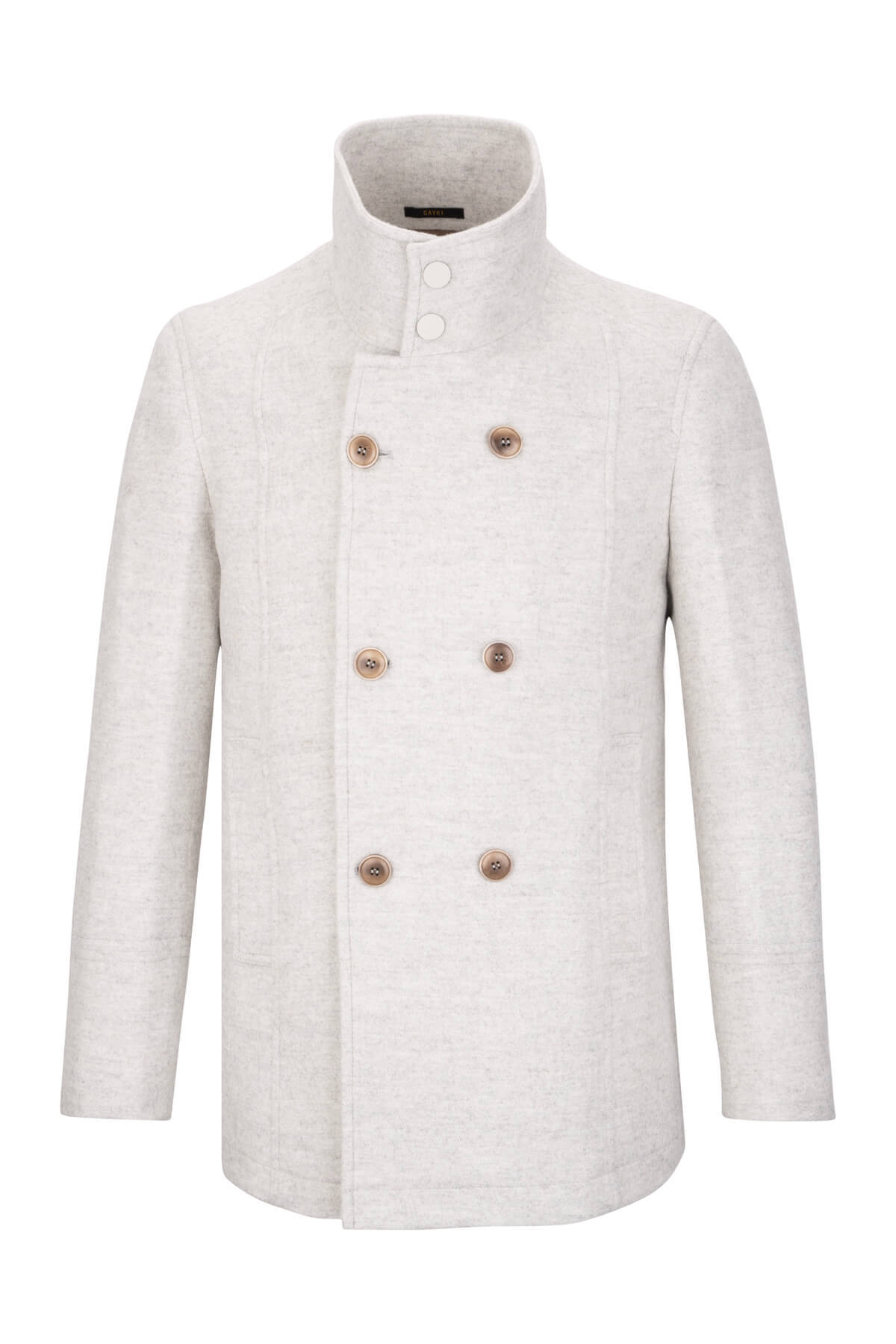 Gri Slim Fit Kruvaze Yünlü Kaşe Kaban