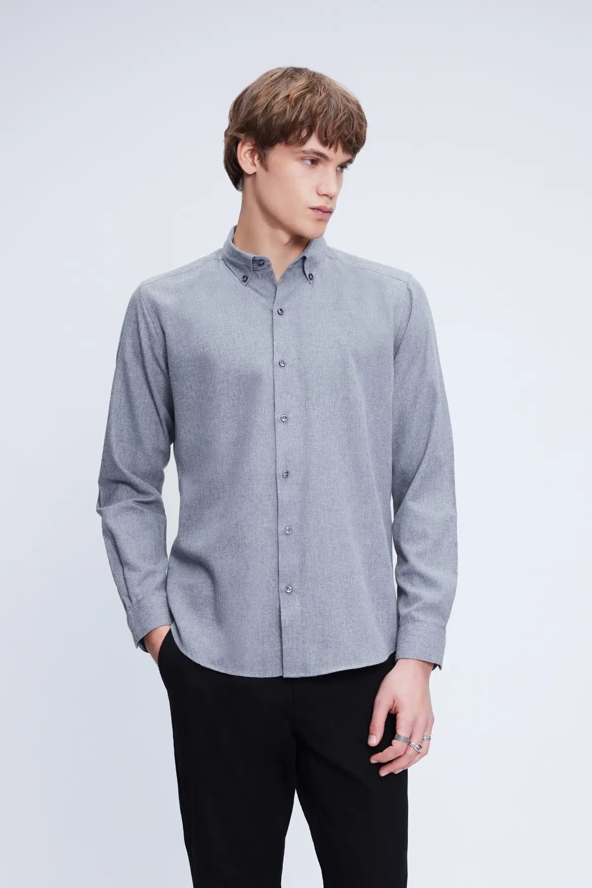 Gri Slim Fit Uzun Kol Düğmeli Yaka Flanel Gömlek