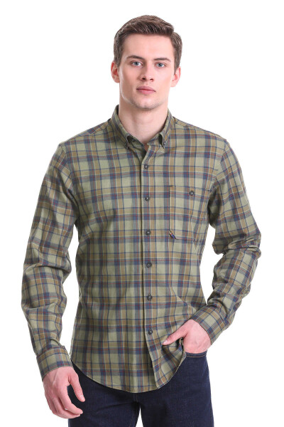 Haki Comfort Fit Kareli 100% Pamuklu Düğmeli Yaka Uzun Kollu Klasik Gömlek - Hatem Saykı