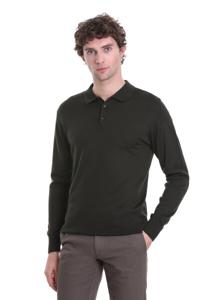 Haki Regular Fit Polo Yaka Triko Kazak - Hatemoğlu