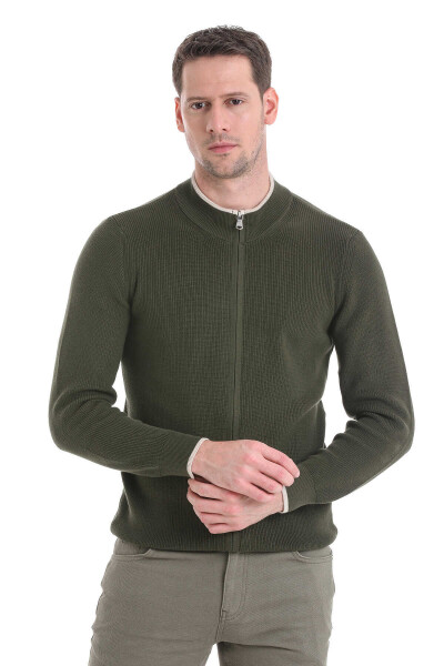 Haki Regular Fit Yarım Balıkçı Yaka Fermuarlı Triko Hırka - Hatem Saykı