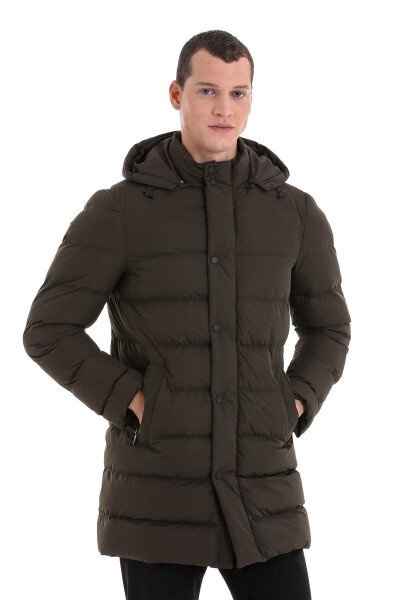 Haki Slim Fit Hakim Yaka Kapüşonlu Kaban