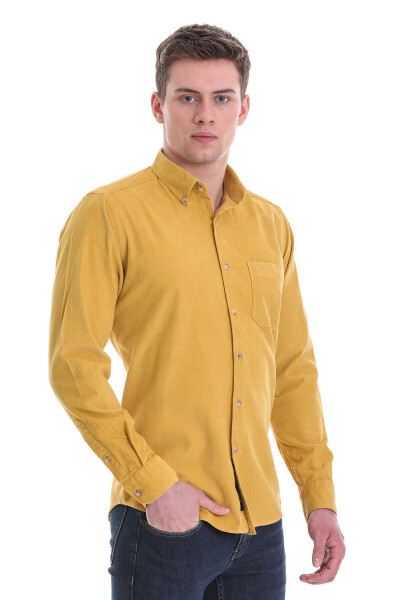 Sarı Slim Fit 100% Pamuklu Düğmeli Yaka Uzun Kollu Klasik Gömlek - Hatem Saykı
