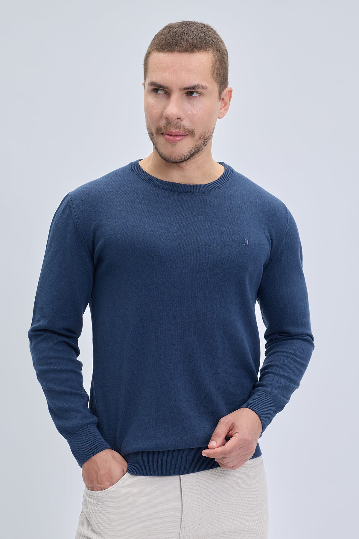 İndigo Regular Fit Bisiklet Yaka 100% Pamuk Triko Kazak