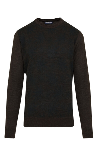 Kahverengi Regular Fit Desenli Bisiklet Yaka Yünlü Kazak - Hatemoğlu