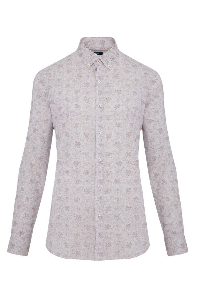 Kahverengi Slim Fit Baskılı Düğmeli Yaka Uzun Kollu Casual Keten Gömlek - Hatemoğlu