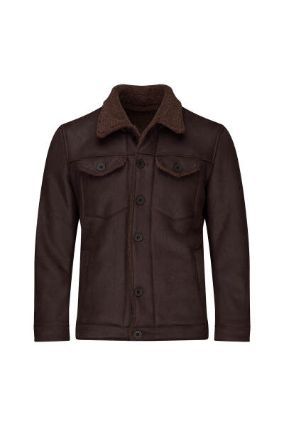 Kahverengi Slim Fit Bebe Yaka Deri Mont