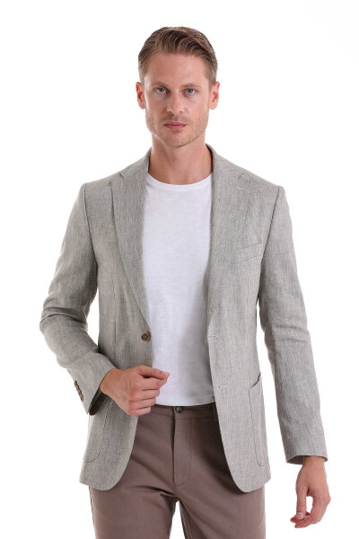 Kahverengi Slim Fit Mono Yaka Casual Keten Ceket - Hatem Saykı