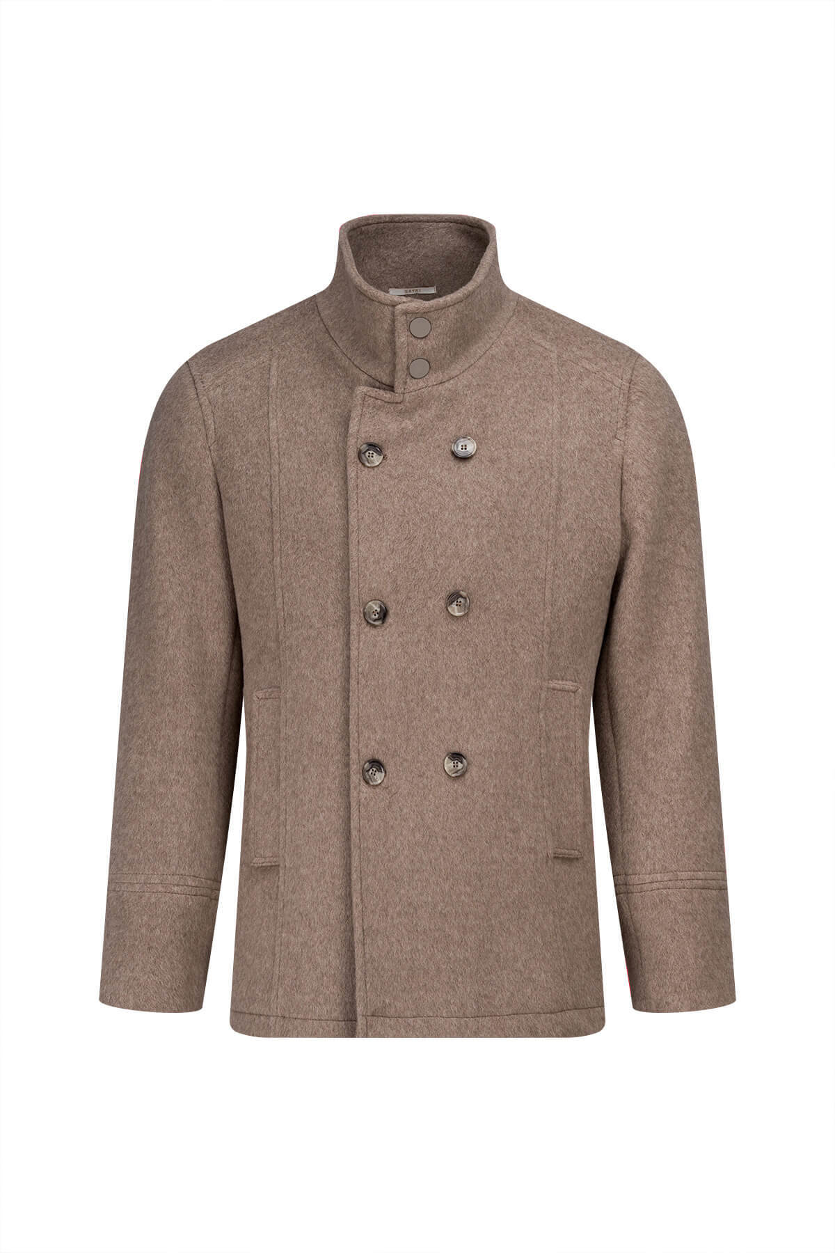 Kahverengi Slim Fit Kruvaze Yünlü Kaban