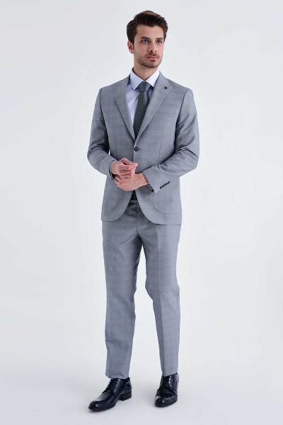 Kareli Slim Fit Gri Takım Elbise - Html