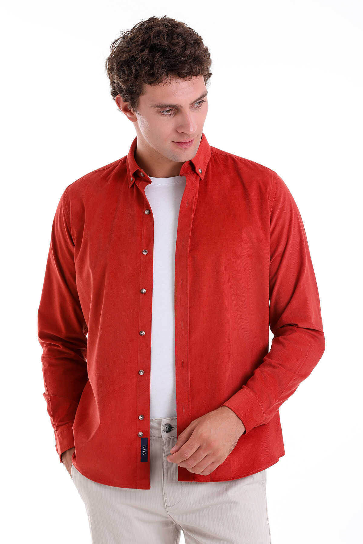 Turuncu Comfort Fit 100% Pamuk Düğmeli Yaka Uzun Kollu Casual Kadife Gömlek