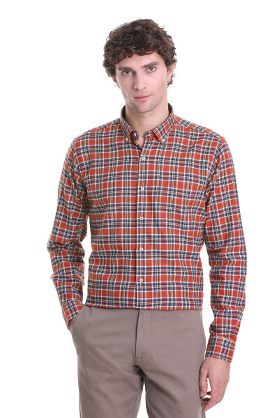 Kiremit Comfort Fit Kareli Düğmeli Yaka Uzun Kollu Casual Gömlek - Hatem Saykı