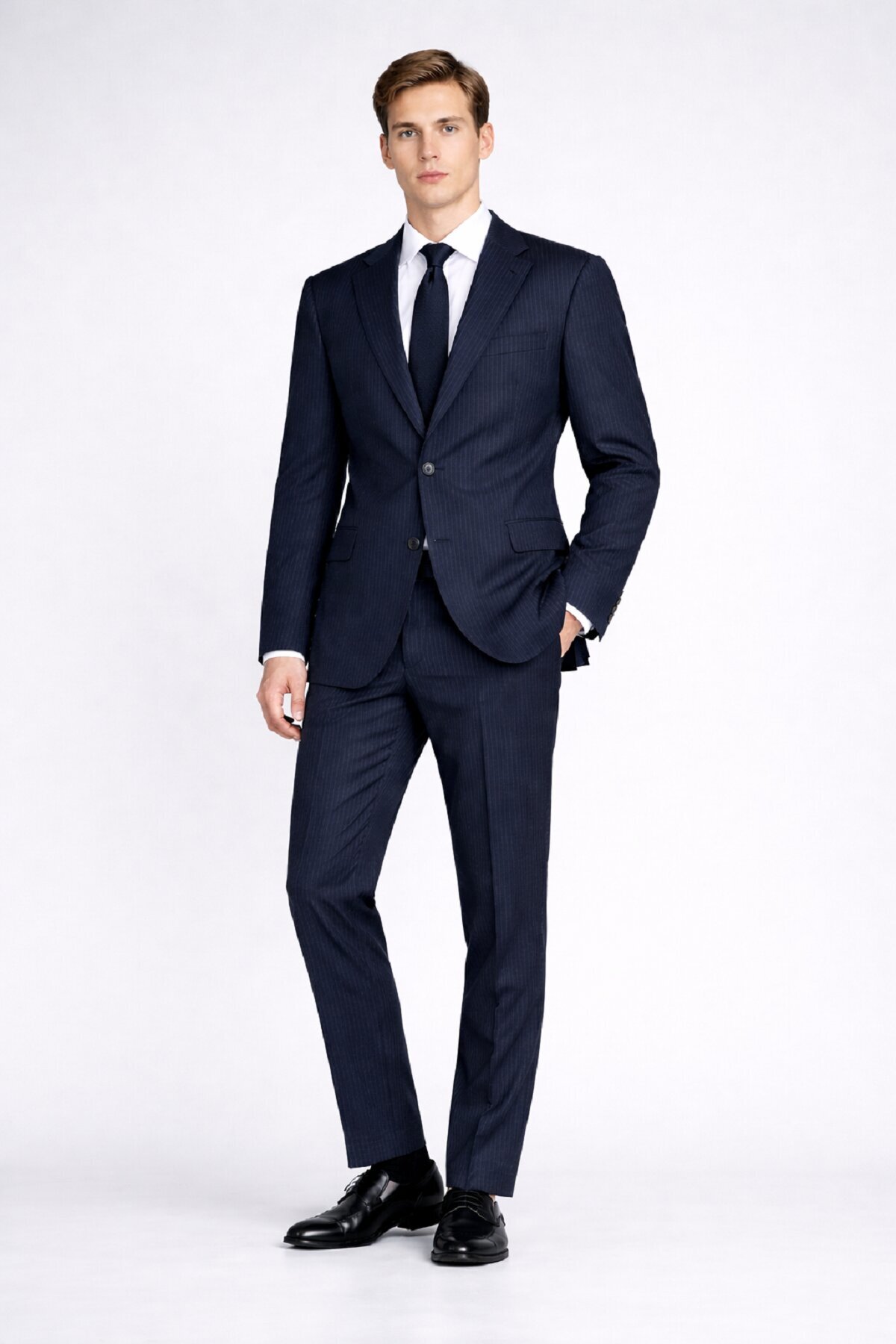 Lacivert Comfort Fit Çizgili Mono Yaka Casual Takım Elbise