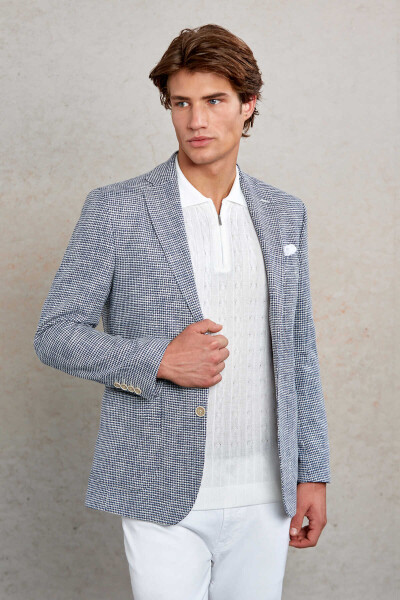 Lacivert Comfort Fit Desenli Mono Yaka Casual Ceket