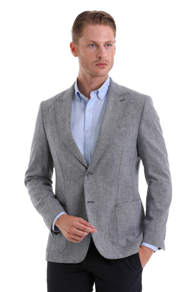 Gri Comfort Fit Desenli Sivri Yaka Casual Keten Ceket - Hatem Saykı