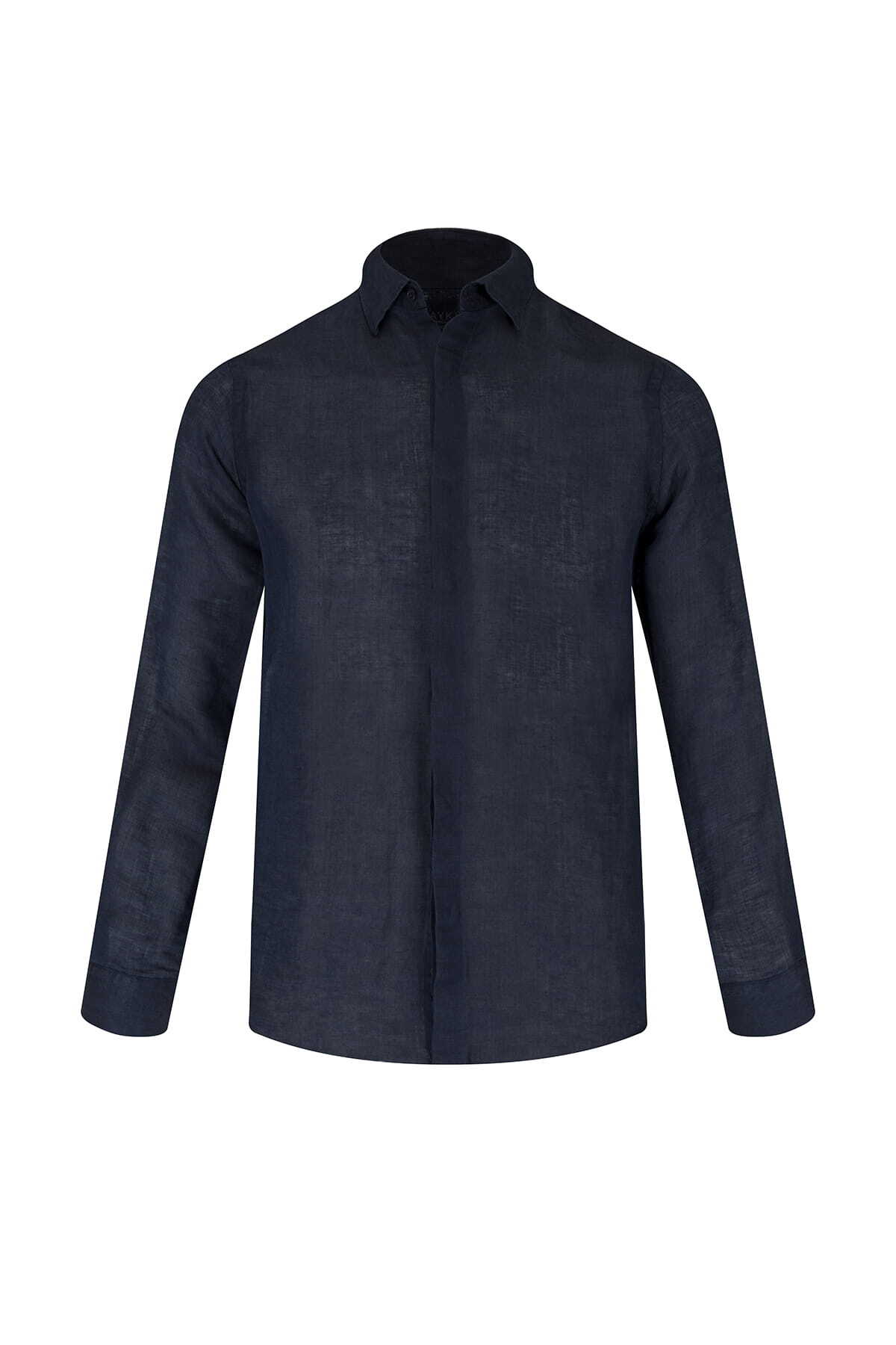 Lacivert Comfort Fit  Gizli Düğmeli Yaka Keten Gömlek