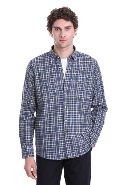 Lacivert Comfort Fit Kareli 100% Pamuklu Düğmeli Yaka Uzun Kollu Casual Gömlek - Hatem Saykı