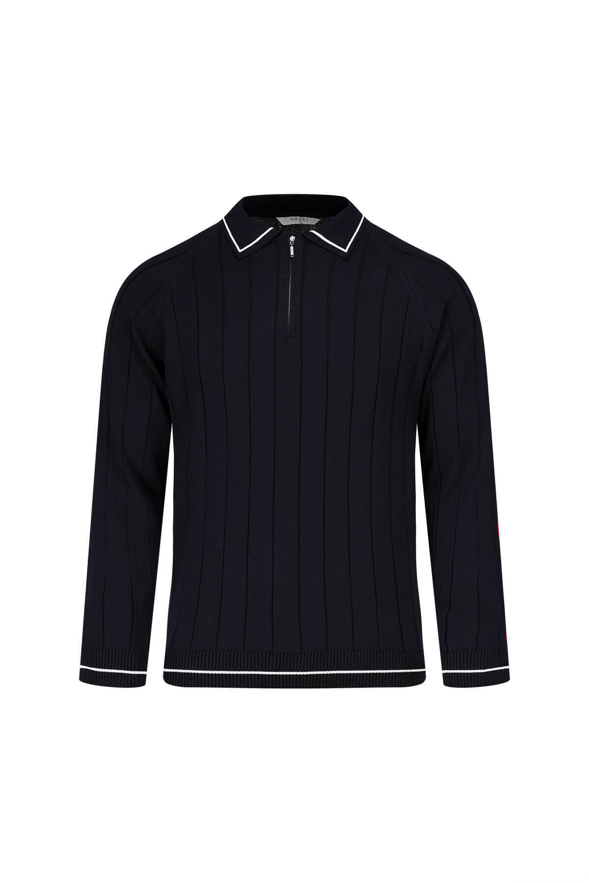 Lacivert Ragular Fit Fermuarlı Polo Yaka Rayon Triko Kazak
