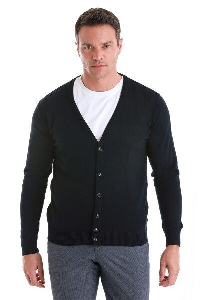 Lacivert Regular Fit V Yaka Triko Hırka - Hatemoğlu