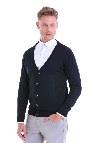 Lacivert Comfort Fit V Yaka Yünlü Triko Hırka - Hatemoğlu