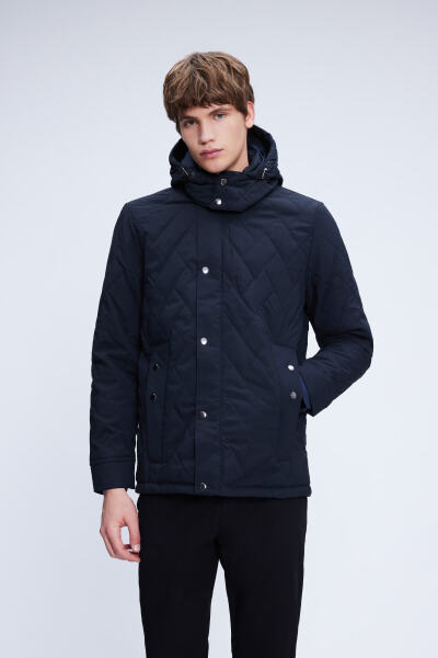 Lacivert Regular Fit Hakim Yaka Kapitone Kapüşonlu Mont - Hatemoğlu