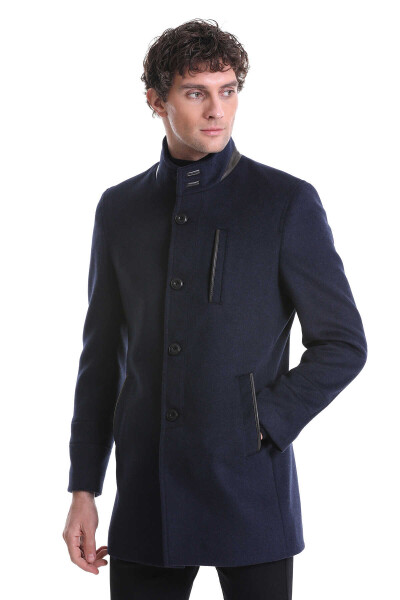 Lacivert Regular Fit Hakim Yaka Yünlü Kaşe Palto - Hatem Saykı