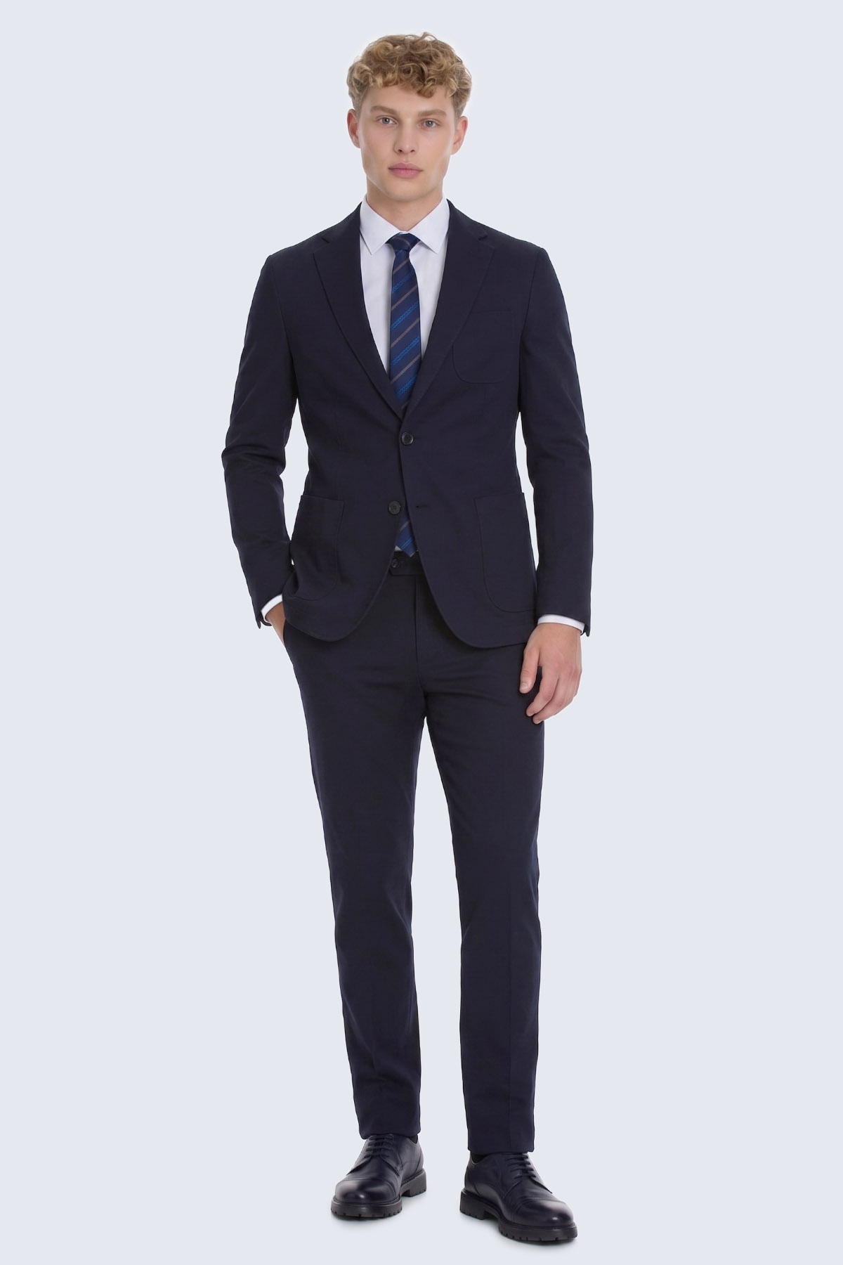 Lacivert Regular Fit Mono Yaka Pamuklu Takım Elbise