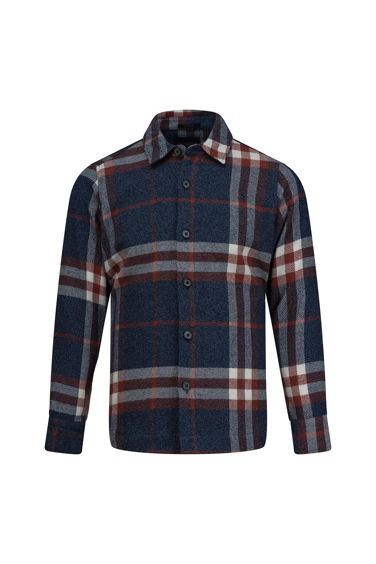 Lacivert Regular Fit Shacket Uzun Kollu Pamuklu Kareli Gömlek