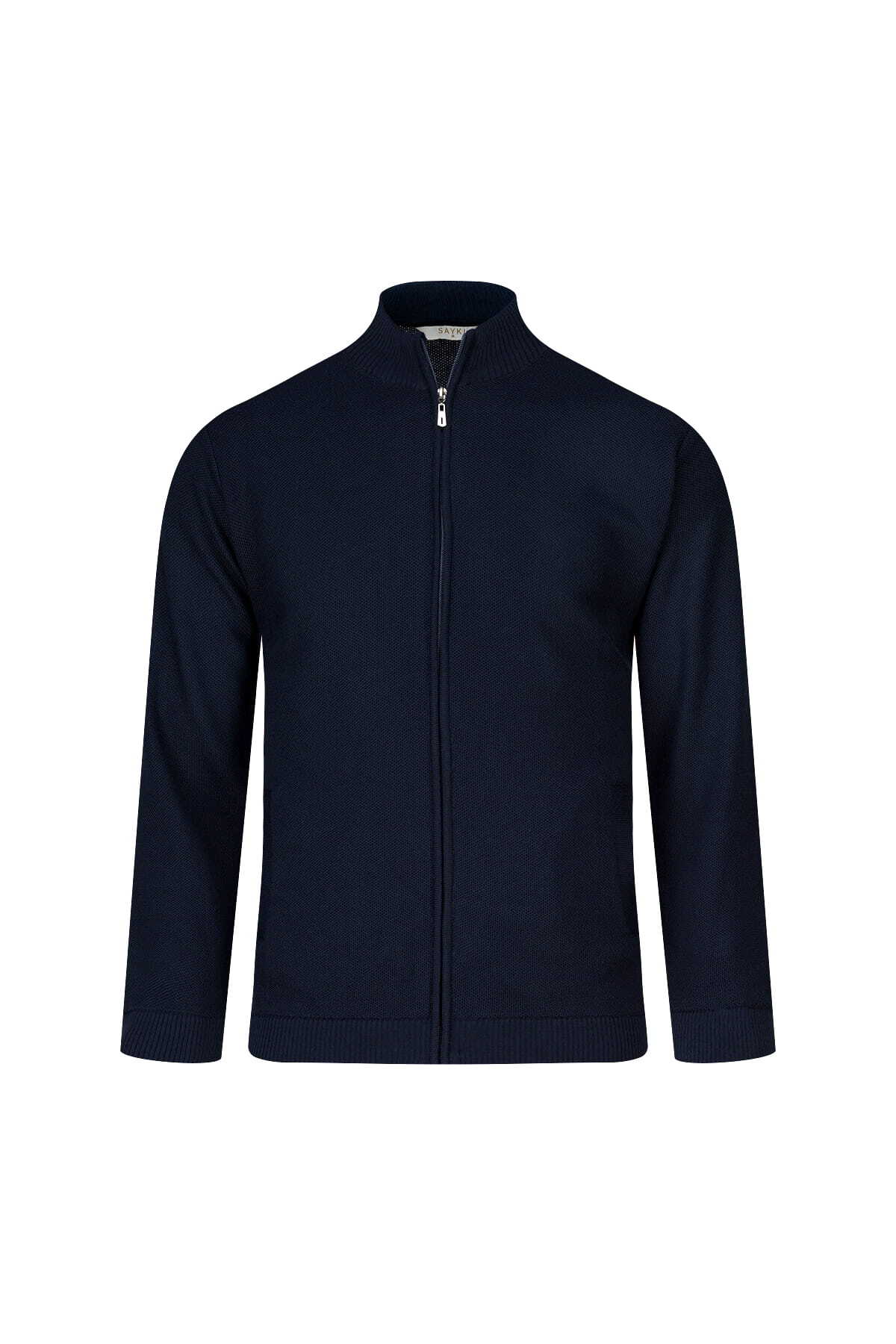 Lacivert Regular Fit Yarım Balıkçı Yaka Cepli Yünlü Hırka