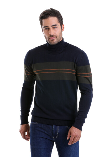 Lacivert Comfort Fit Jakarlı Balıkçı Yaka Yünlü Kazak - Hatemoğlu