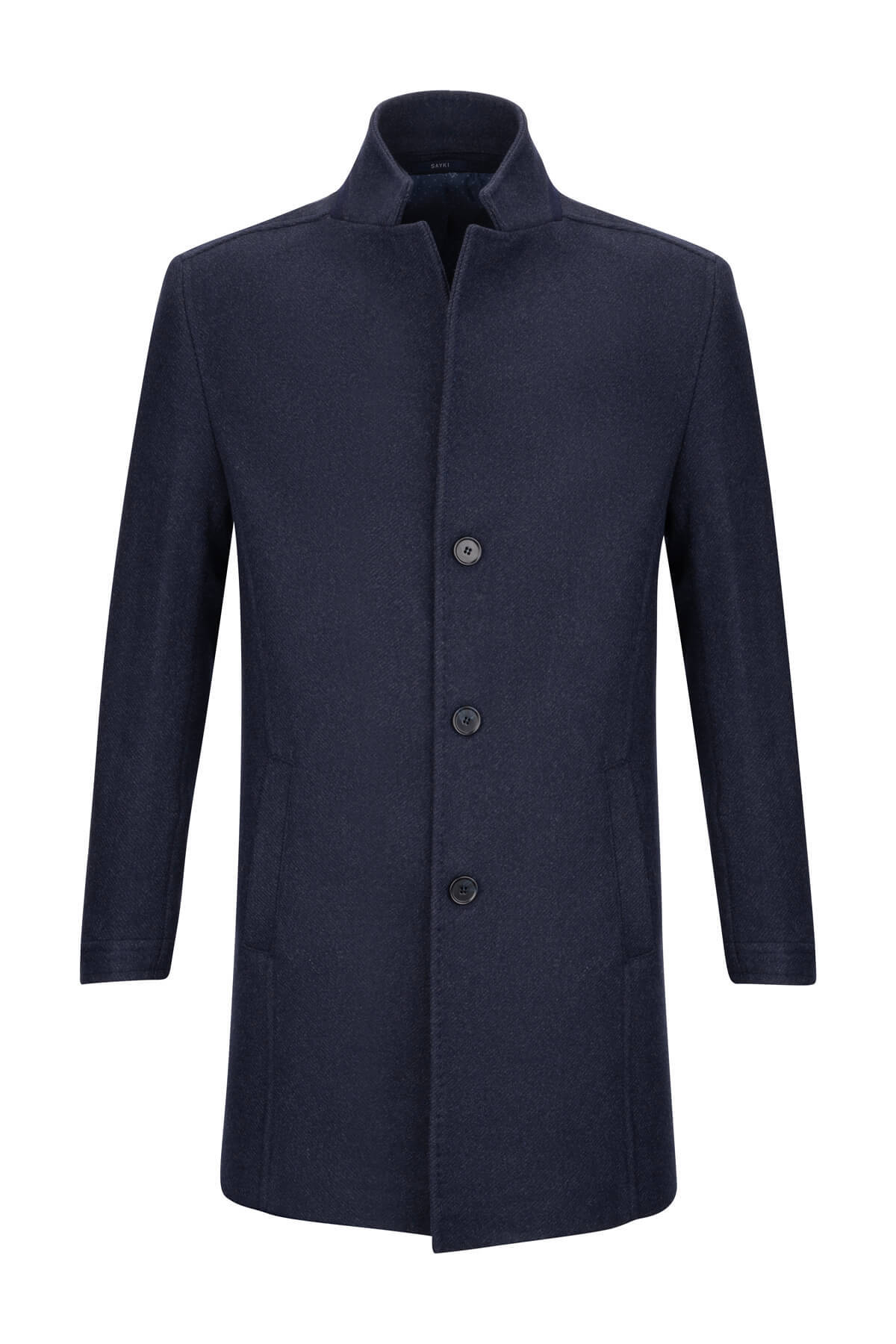Lacivert Slim Fit Ceket Yaka Yünlü Kaşe Palto