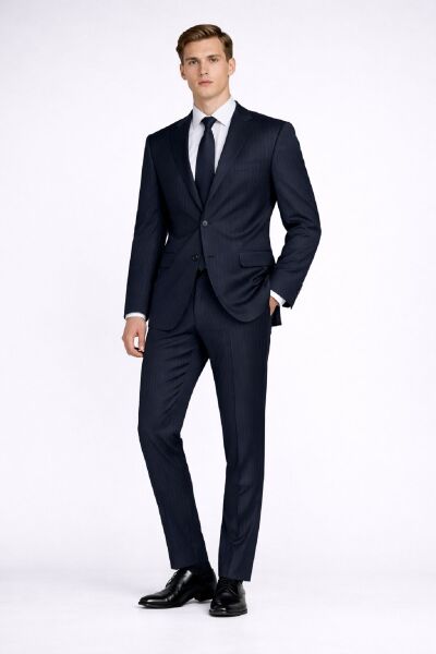 Lacivert Slim Fit Çizgili Mono Yaka Klasik Takım Elbise