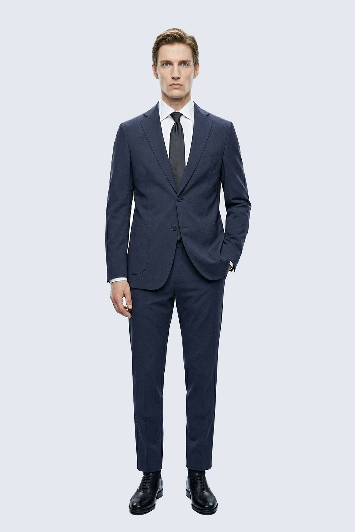 Lacivert Slim Fit Çizgili Mono Yaka Takım Elbise