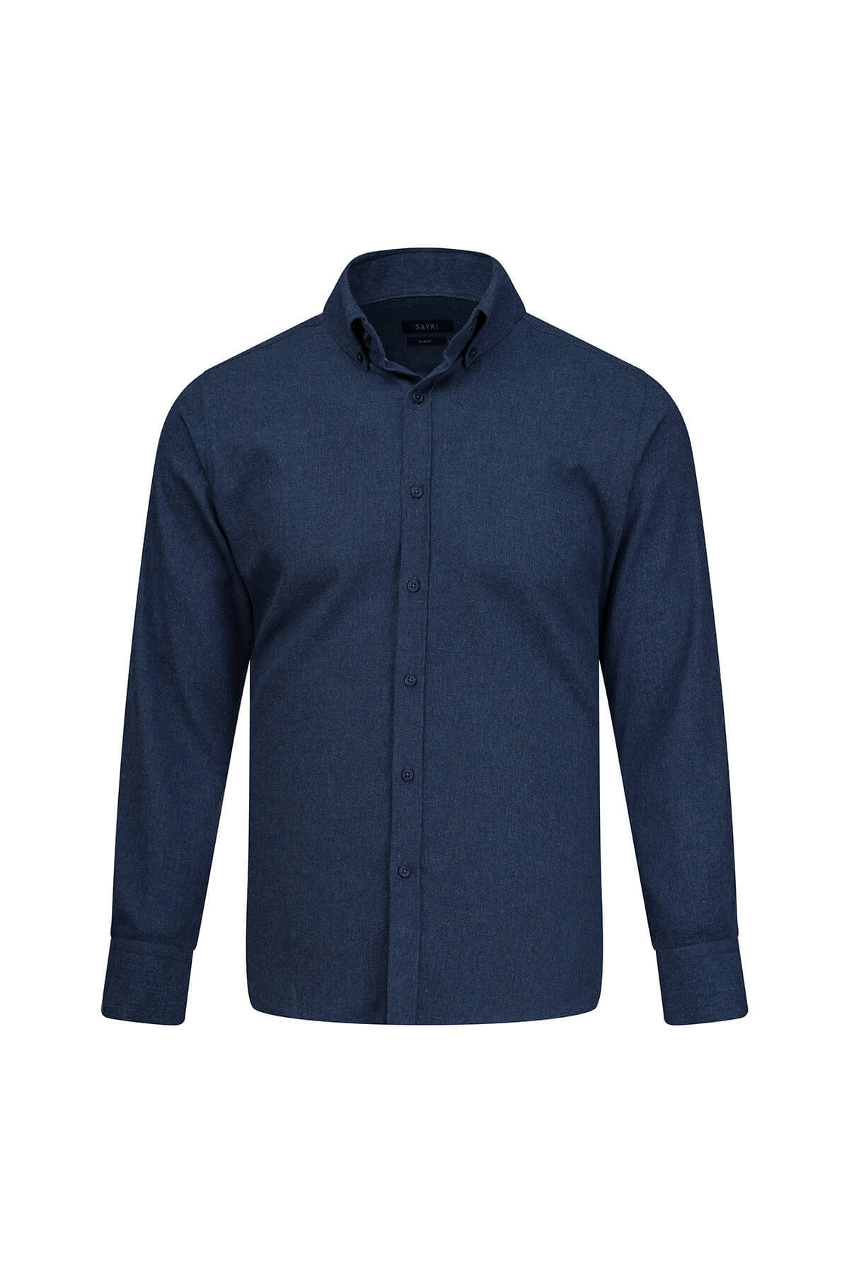 Lacivert Slim Fit Düğmeli Yaka Pamuklu Uzun Kollu Spor Gömlek