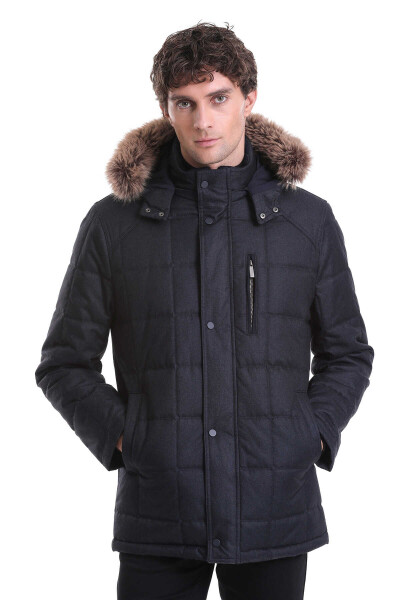 Lacivert Slim Fit Hakim Yaka Kürklü Kapüşonlu Kaban - Hatem Saykı