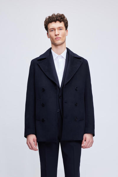 Lacivert Slim Fit Düz Kürklü Kruvaze Kaşe Kaban