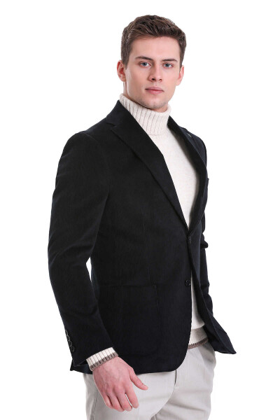 Lacivert Slim Fit Düz Mono Yaka Pamuklu Kadife Ceket - HATEMOĞLU