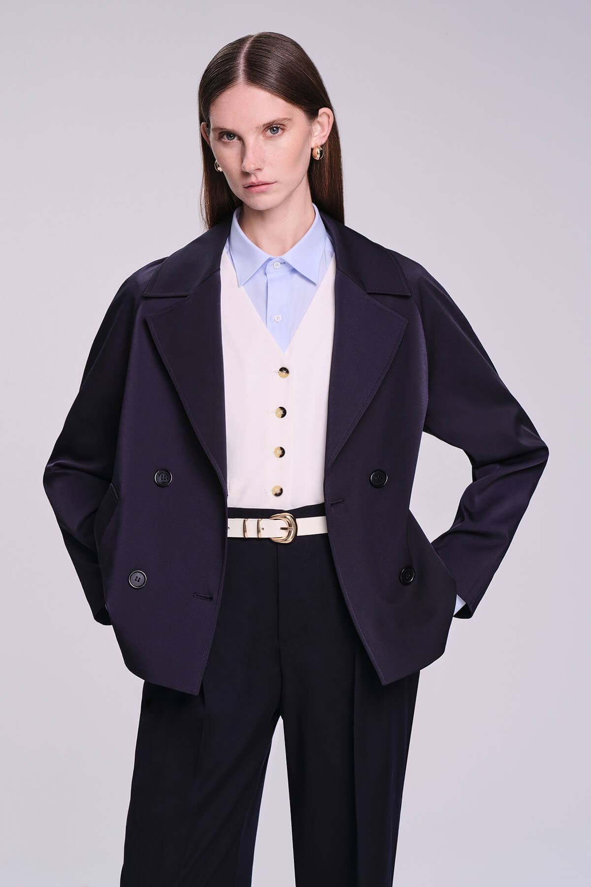 Saykı Woman Lacivert Slim Fit Mono Yaka Pamuklu Trençkot