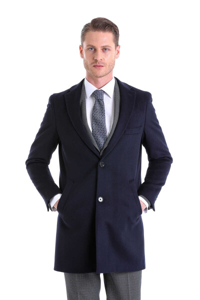 Lacivert Slim Fit Mono Yaka Yünlü Kaşe Palto