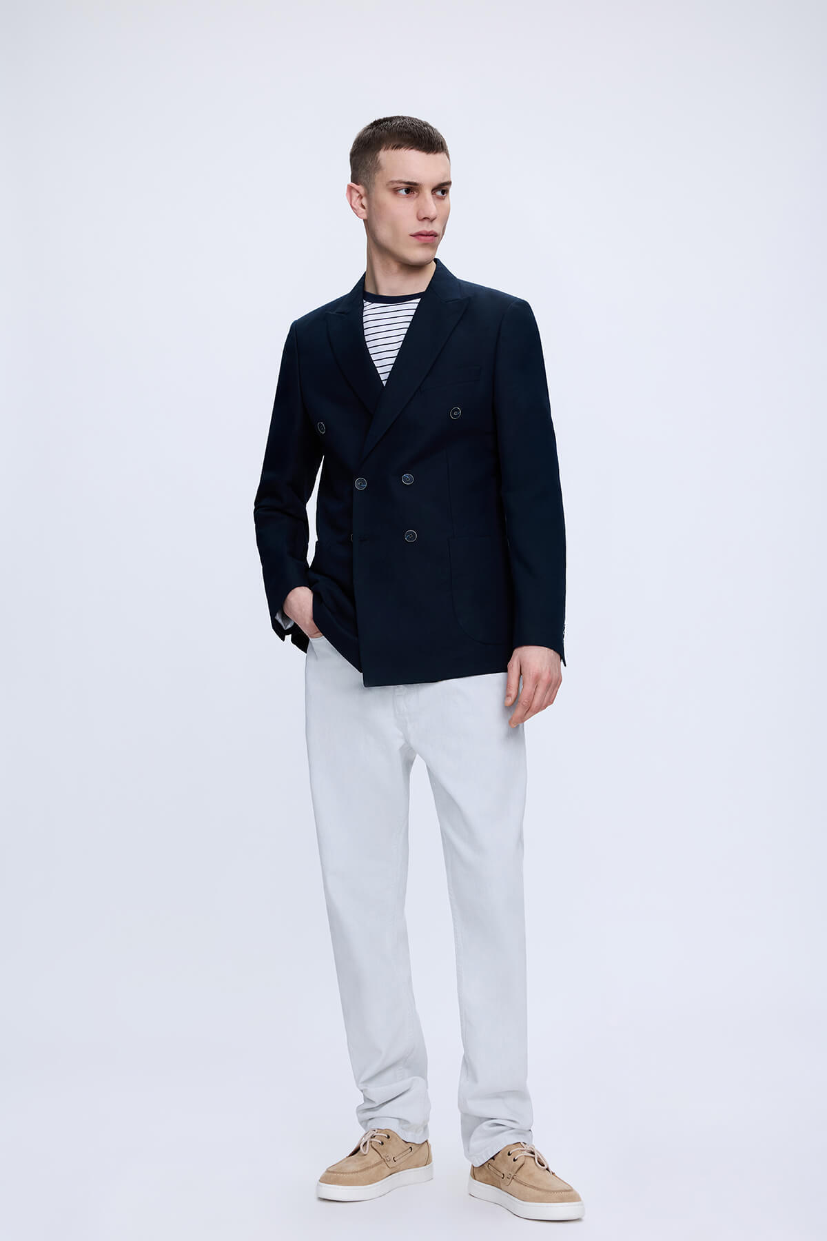 Lacivert Slim Fit Sivri Yaka Kruvaze Klasik Ceket