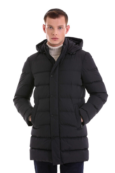 Lacivert Slim Fit Hakim Yaka Kapüşonlu Basic Kaban - Hatem Saykı