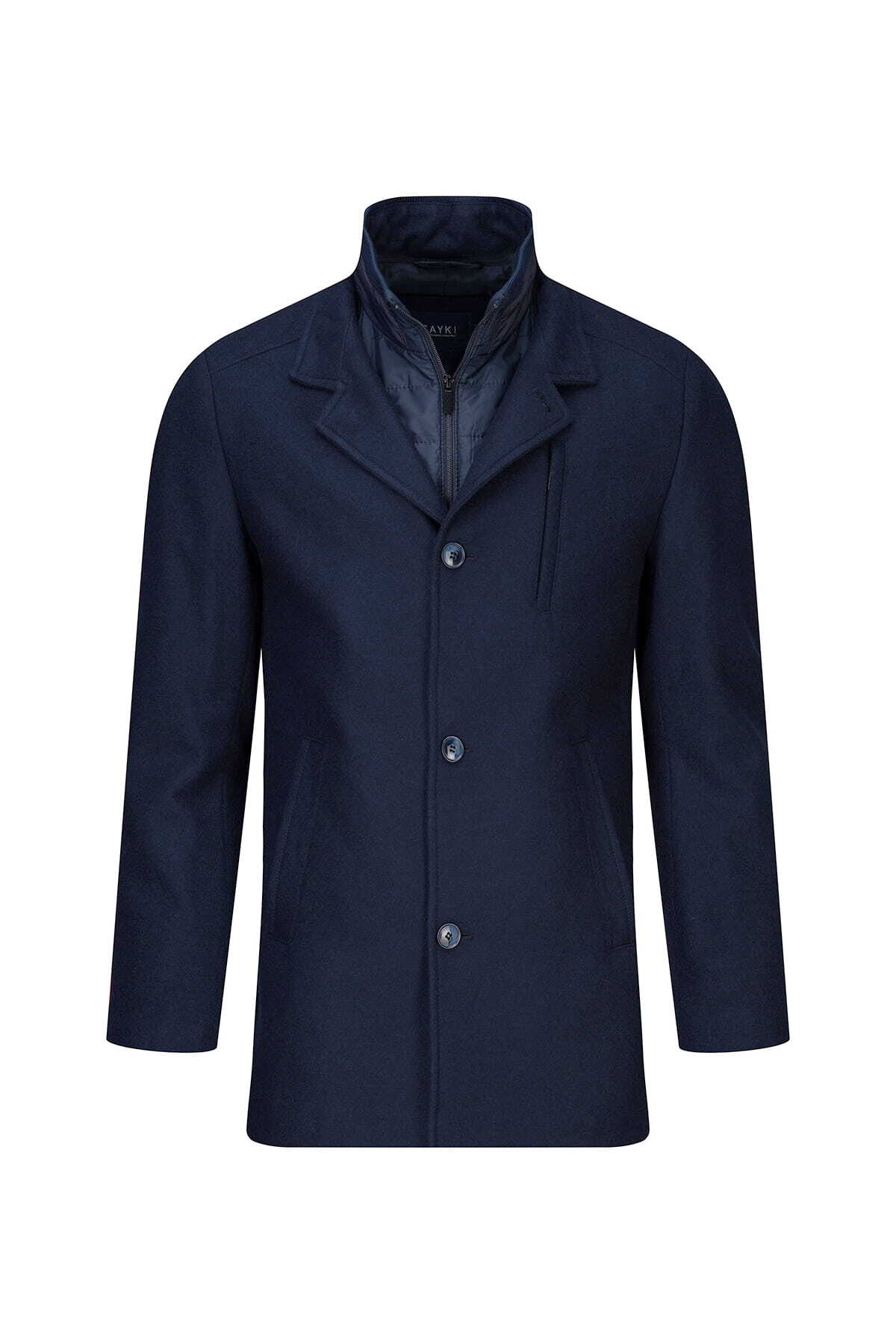 Lacivert Slim Fit Hakim Yaka Yünlü Kaşe Palto