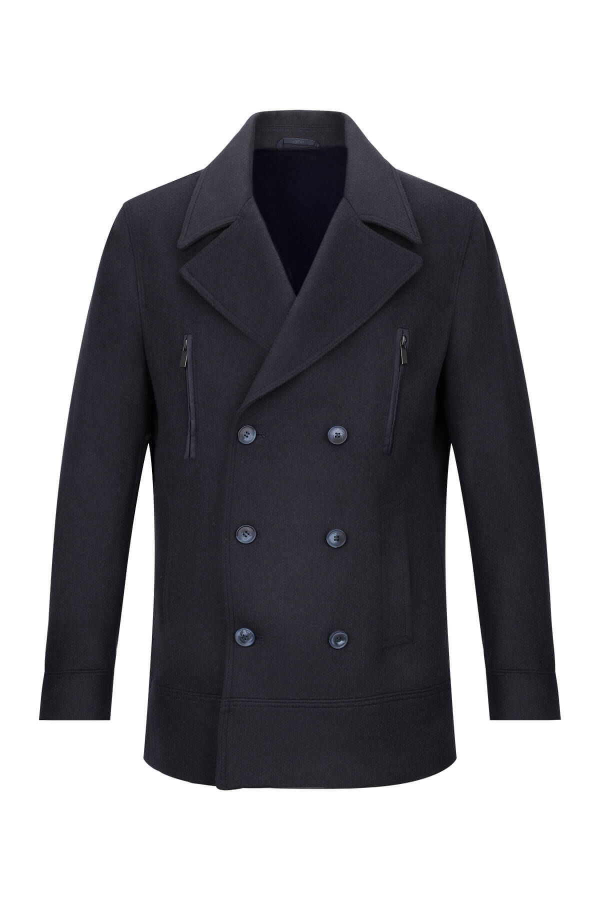 Lacivert Slim Fit Kruvaze Yünlü Kaşe Kaban