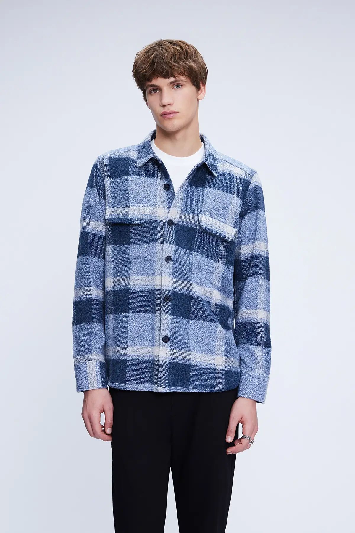 Mavi Regular Fit Shacket Uzun Kol Pamuklu Kareli Gömlek
