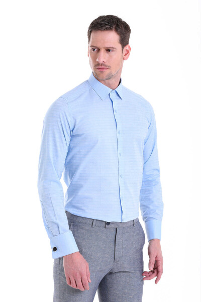 Mavi Slim Fit Desenli 100% Pamuk Slim Yaka Manşetli Uzun Kol Klasik Gömlek - Hatemoğlu