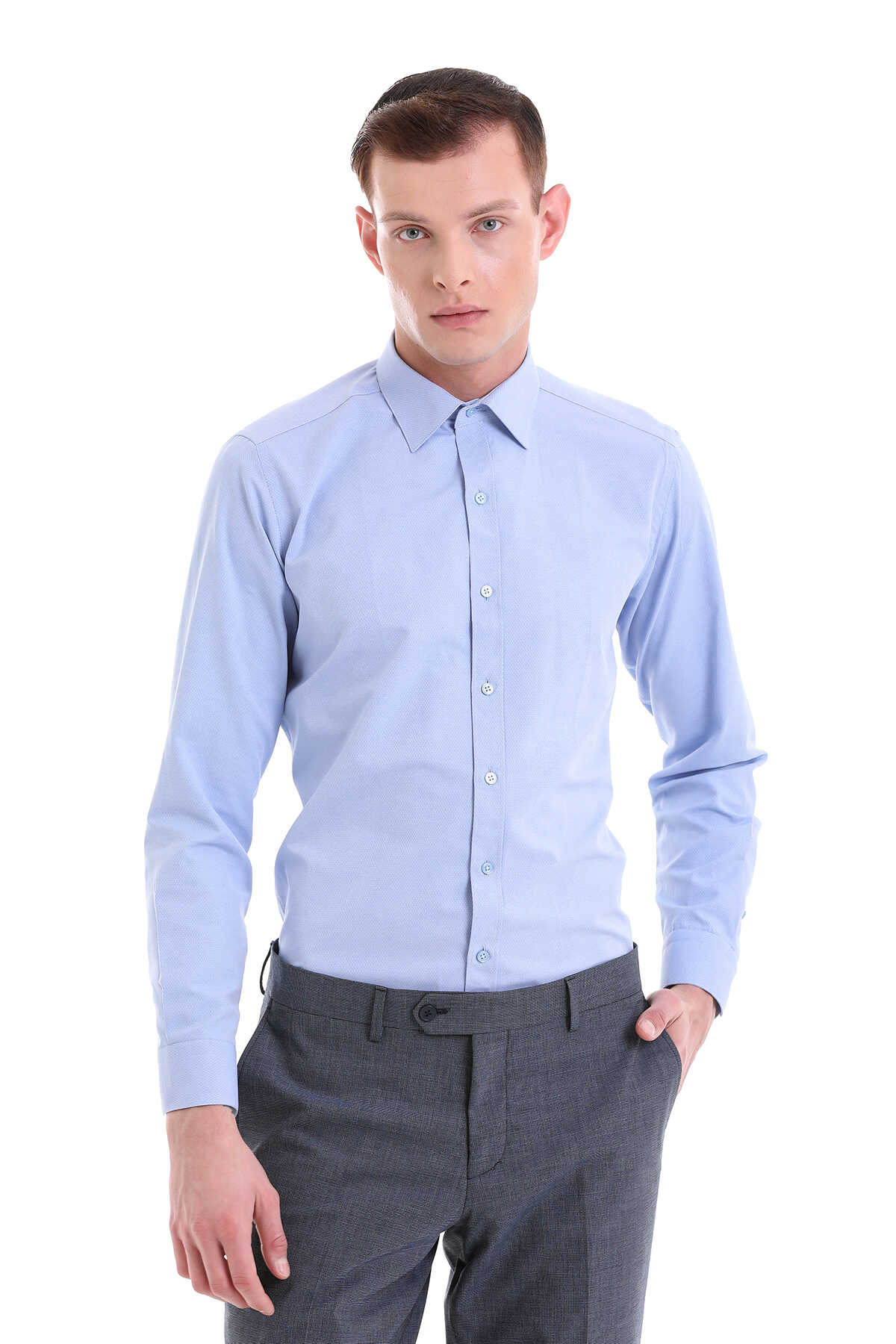 Mavi Slim Fit Desenli Pamuklu Slim Yaka Uzun Kollu Klasik Gömlek