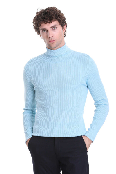 Mavi Slim Fit Fitilli Balıkçı Yaka Yünlü Triko Kazak - Hatem Saykı