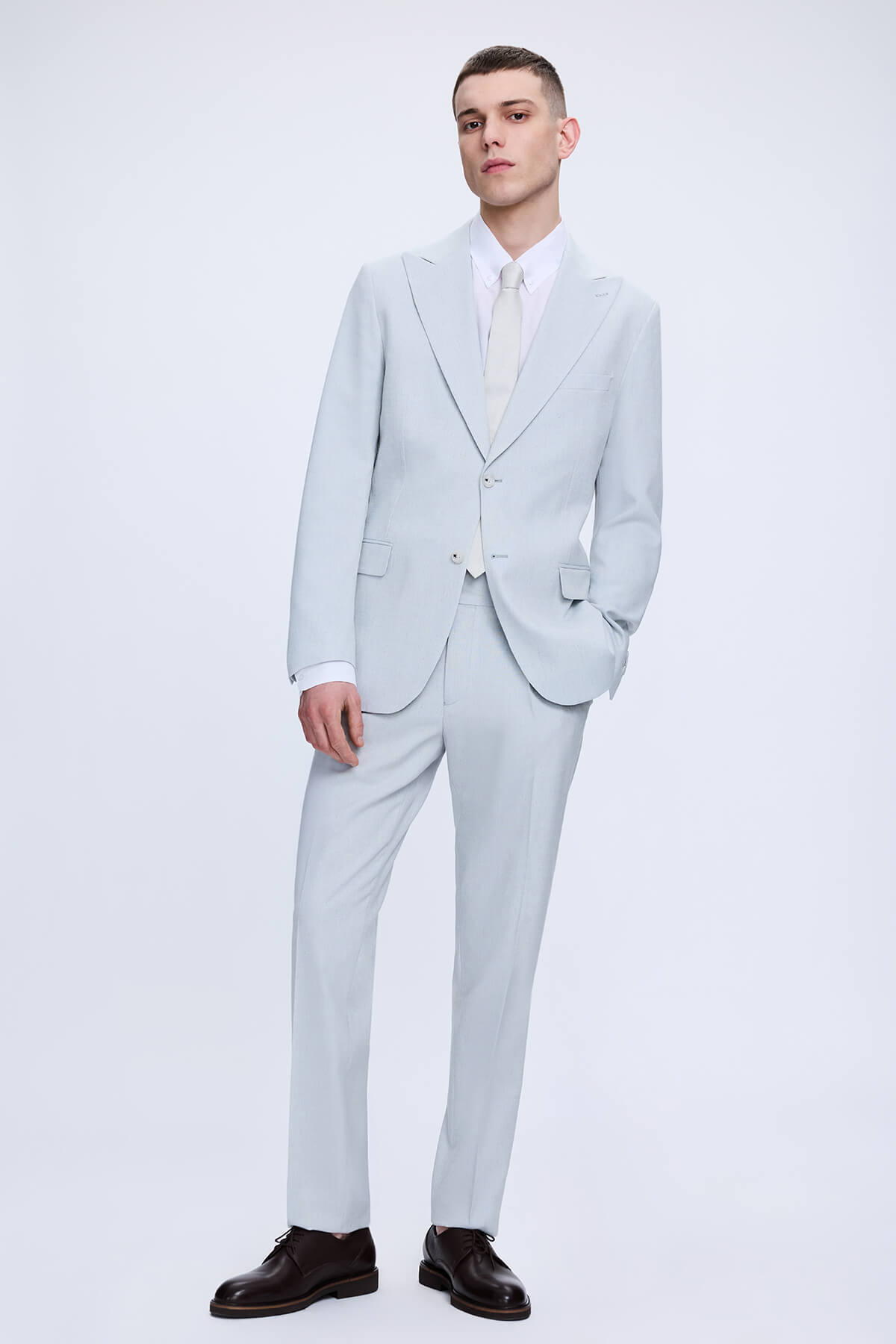 Mavi Slim Fit Sivri Yaka Keten Takım Elbise