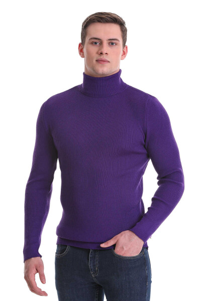 Mor Slim Fit Fitilli Balıkçı Yaka Yünlü Triko Kazak - Hatem Saykı